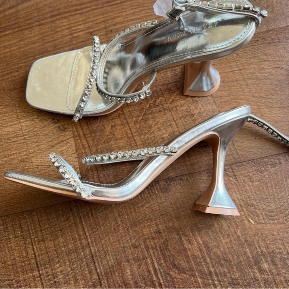 Azalea Wang Rhinestone Ankle Wrap Silver Dress Sandal nwot